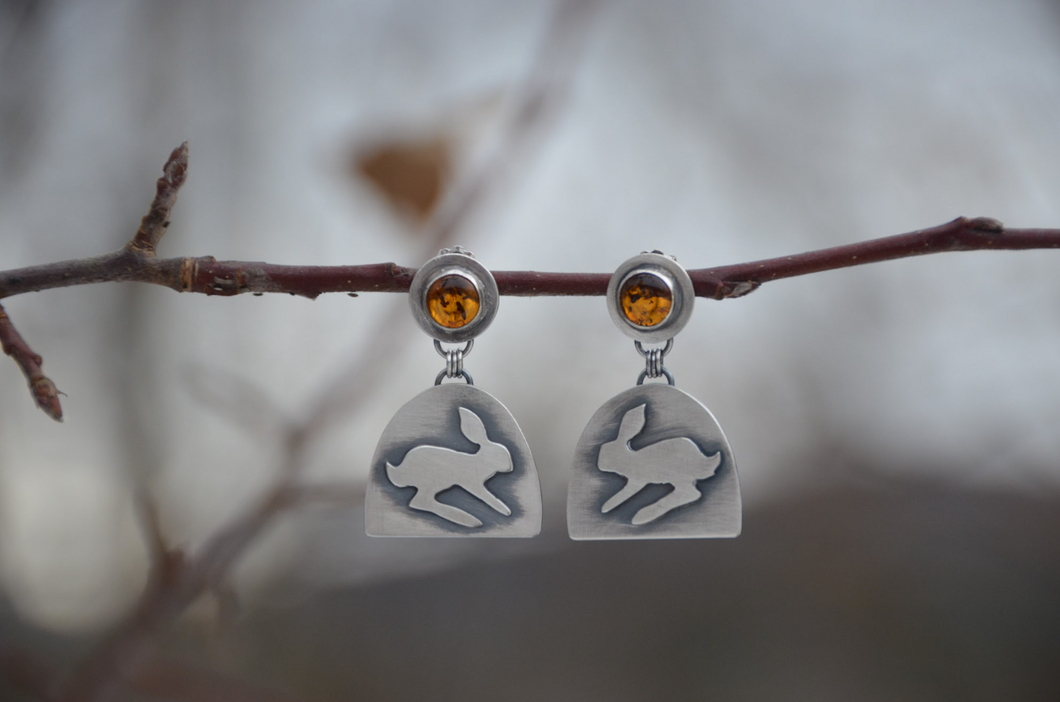 Snowshoe Hare Earrings with Amber Stones